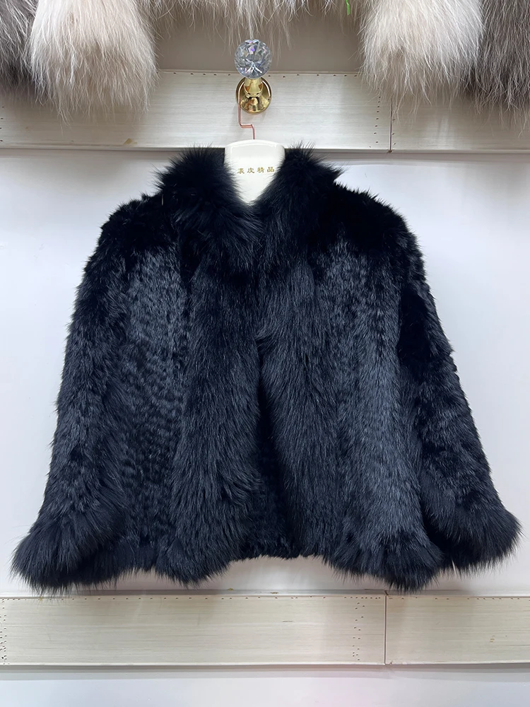 Chaqueta de piel de conejo 2024 Natural para mujer, abrigo tejido con cuello de piel de zorro Real, ropa de lujo