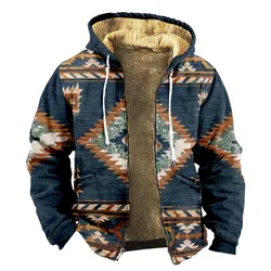 Men's and women's thick wool hooded double-layer jackets, retro printed street zippers for winter and autumn, keep warm outdoors