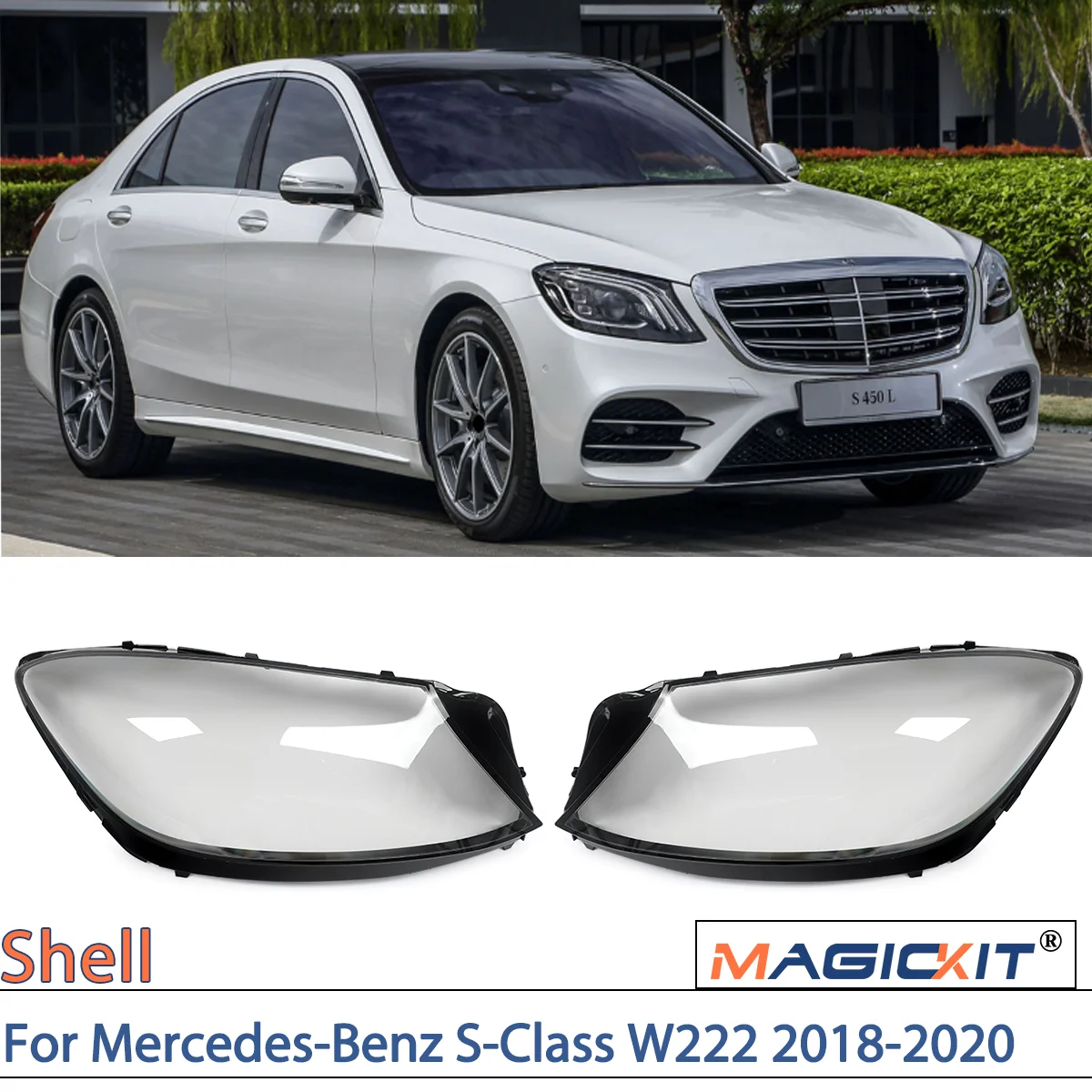 

MAGICKIT For Mercedes-Benz S-Class W222 2018-2020 Front LH+RH Headlight Lens Cover Pair car accessories Lampshade Shell