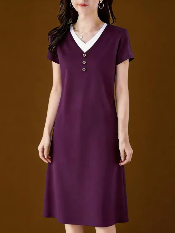 V-Neck Short Sleeve Midi Dress Women's New Style Elegant Best Selling Inner Wear Outer Wear Casual Polyester Fiber Thin Type