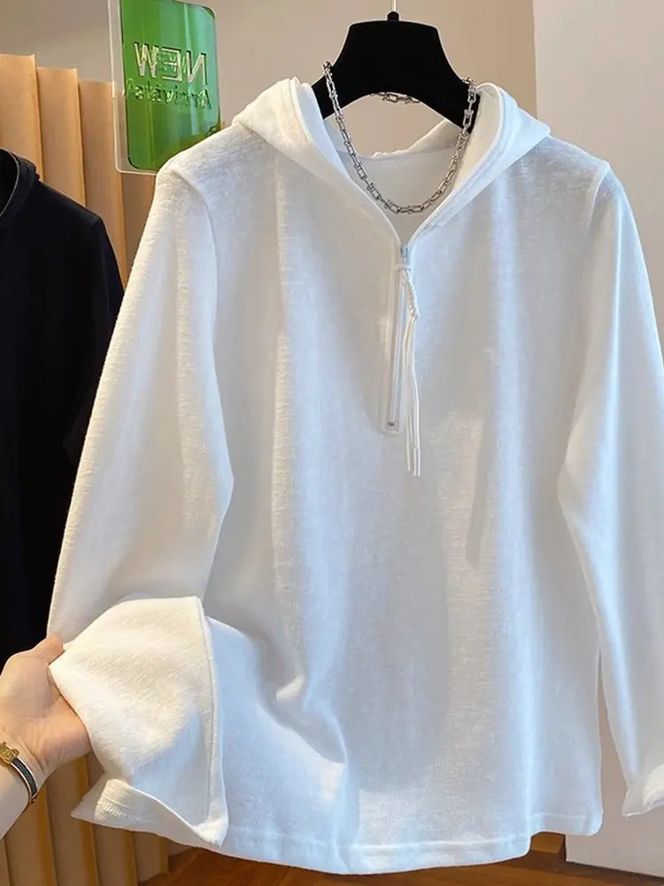 Camiseta Longa de Malha Solta com Capuz para Mulheres, Casual, com Zíper, Nova Chegada de Outono, Tamanho Plus Fashionável