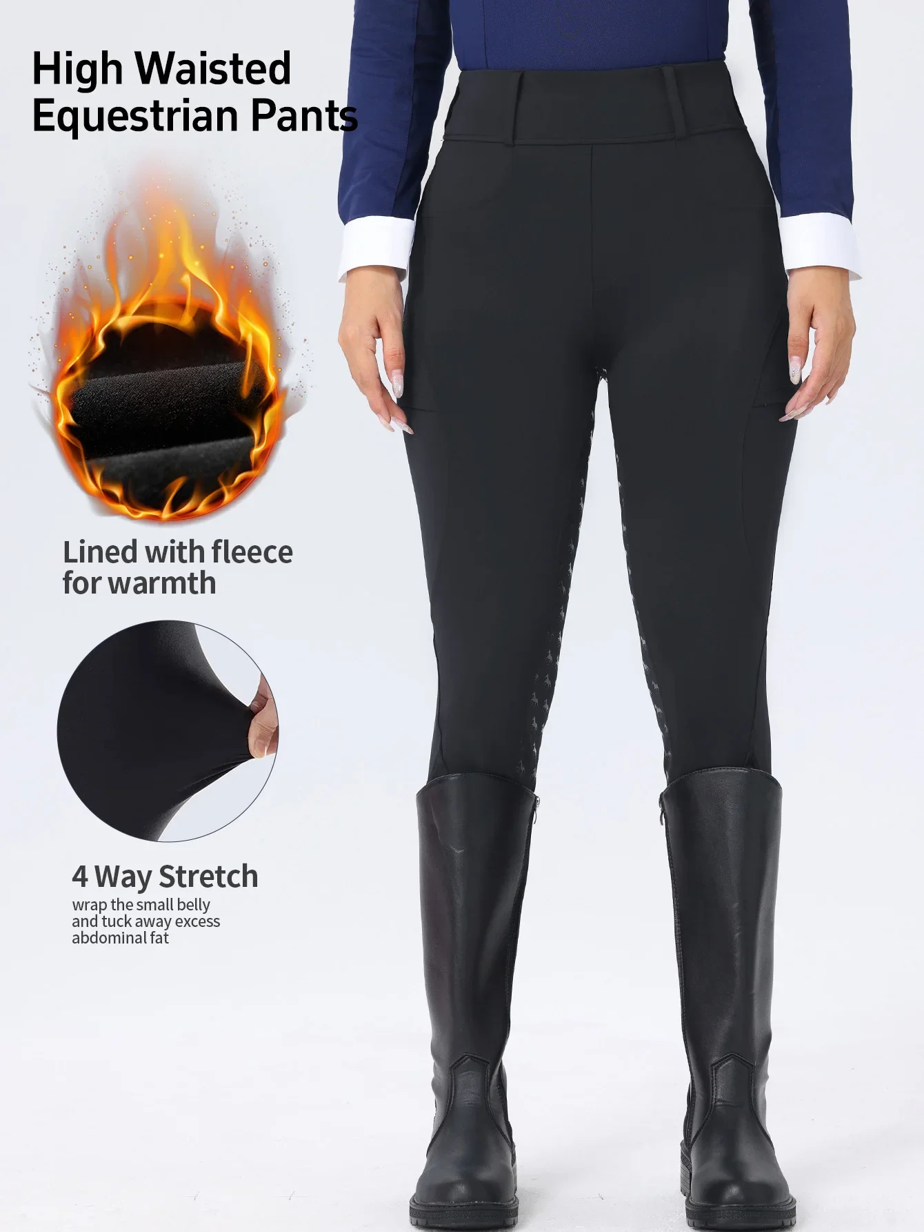 Women Autumn Winter Fleece Lined Equestrian Breeches Dotted Full Seat Silicone Anti-slip Wear-resistant High Waist Riding Pants