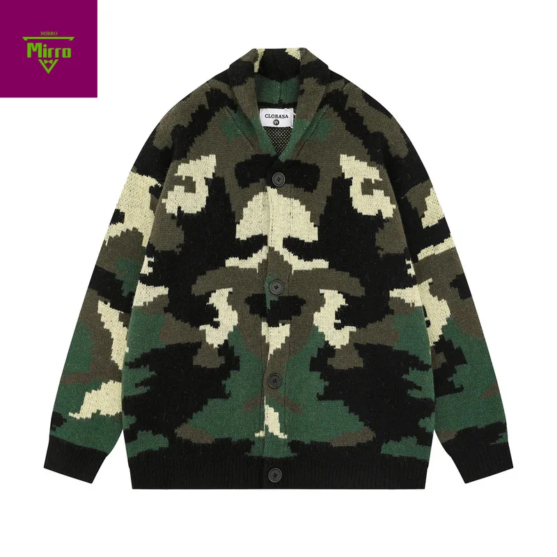 

Vintage Camouflage Knitted Cardigan Jacket Autumn and Winter Print Button Stand Collar Knitwear for Men Baggy Sweater Coat