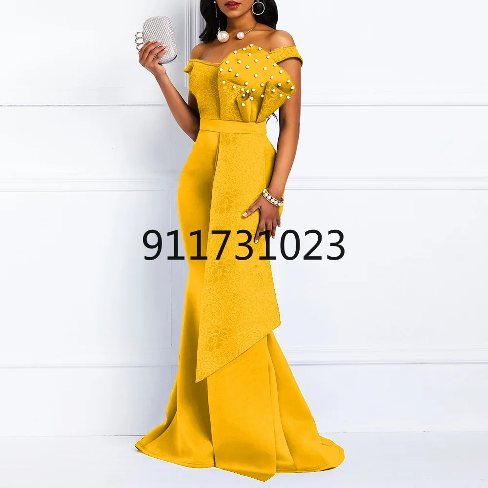 

Women Off Shoulder Long Dress Sexy Mermaid Slash Neck Beads Skinny Prom Evening Fashion dress Lace Elegant Party Maxi Dress