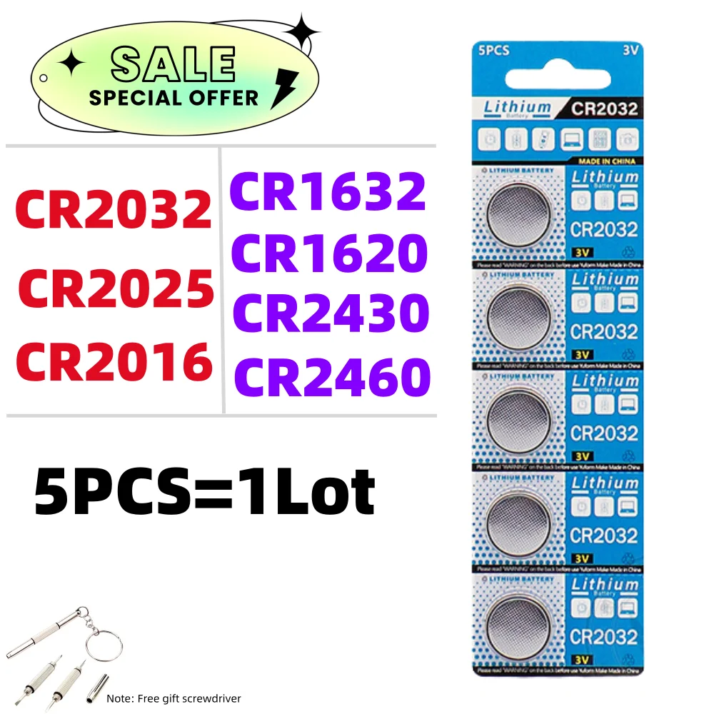 5PCS CR2032 Boutton Cell Battery CR2025 CR2016 CR2012 CR1632 CR1620 CR1216 3V Lithium Batteries  for Watch Keys Calculator