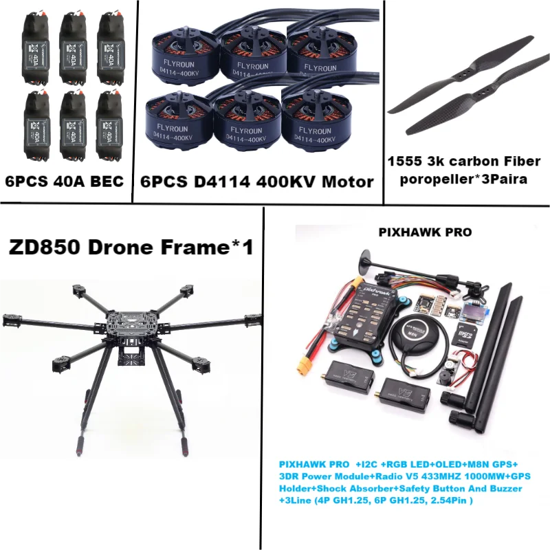 ZD850 PRO M8N Full Carbon Fiber 850mm Hexa-Rotor Frame BLHELI 40A ESC PIXHAWK  Flight Comtrol Rado Telemetry Set