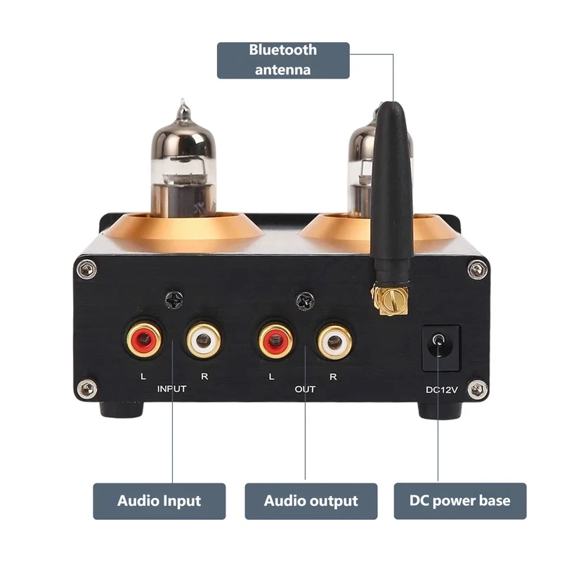 Stereo Preamplifier Bluetooth 5.0 JL 5.1 HiFi Preamp Tube Amplifier Buffer 6J5 with Treble Bass Tone Adjustment
