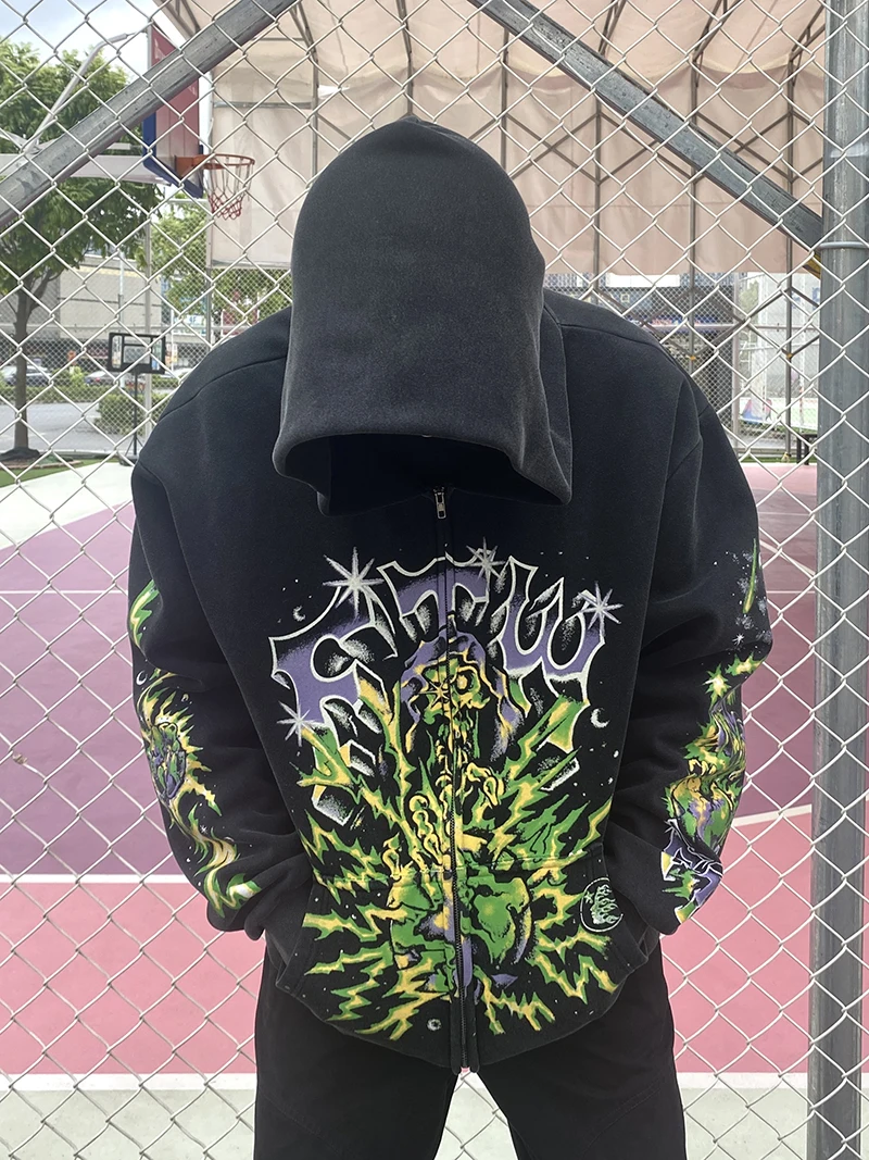 2023ss  American West Coast Street Graffiti Hip Hop Style High Street Hooded Velvet Zipper Coat