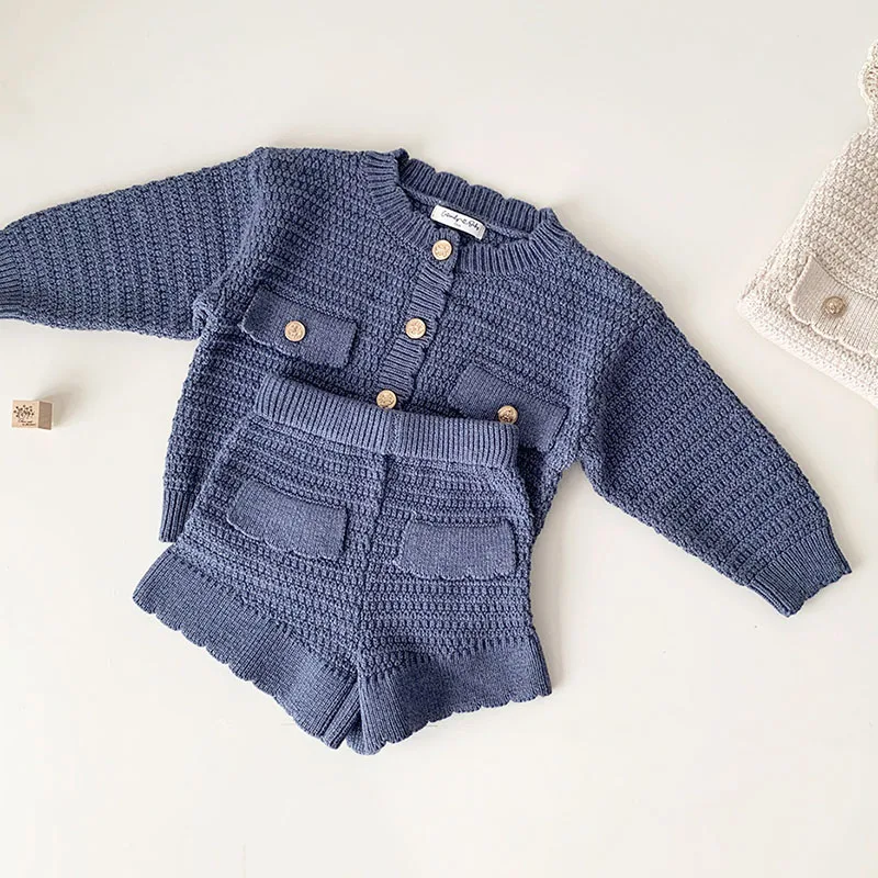 Autumn Spring Baby Girl Clothes Suit Long Sleeved Solid Color Knitted Cardigan Sweater+Shorts Kids Knitted Clothing Set