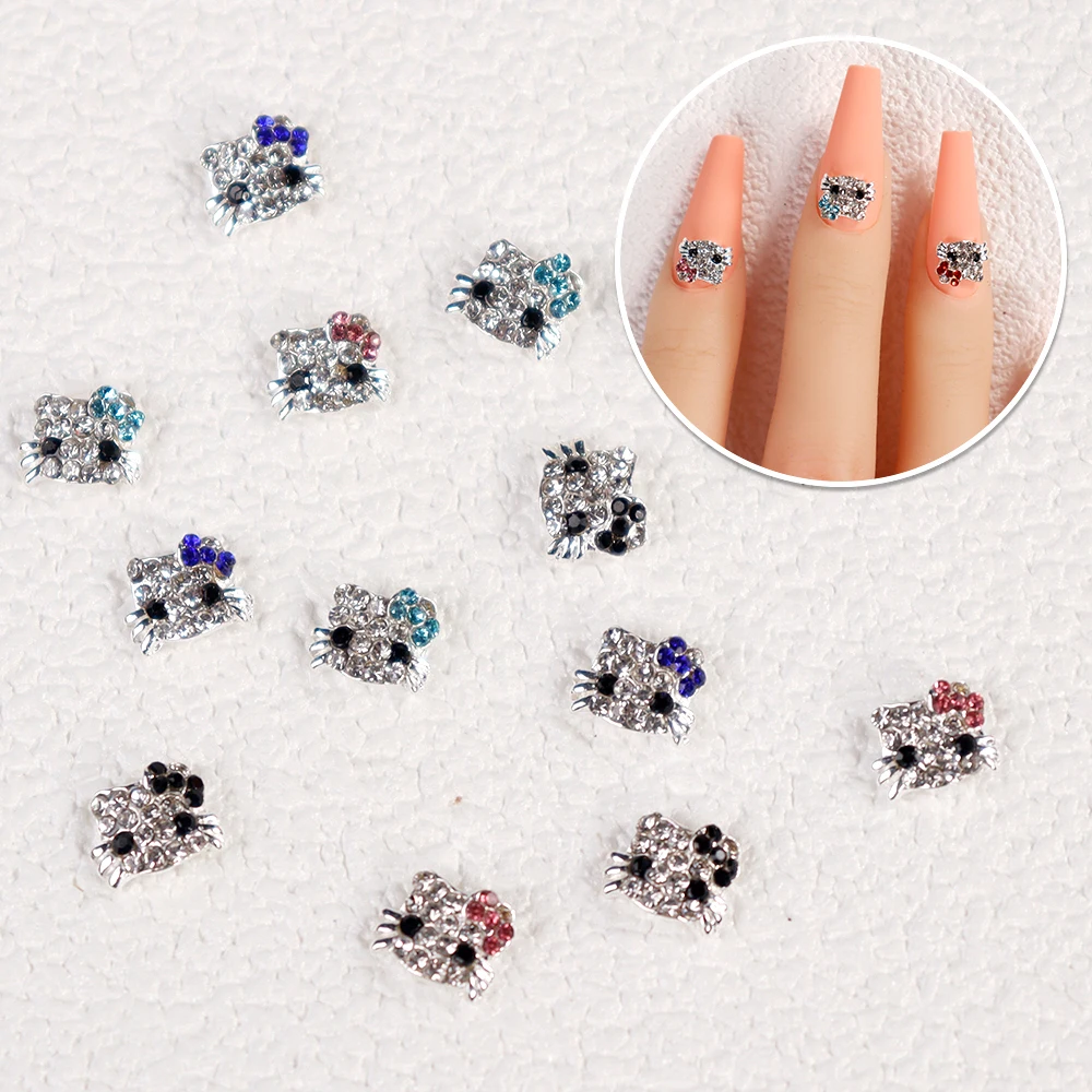 10Pcs 3D Full Diamond Hello Kitty Nail Art Charms Alloy Kitty Head Crystal Rhinestones Red/Blue/Pink Bow Gem Nail Decoration
