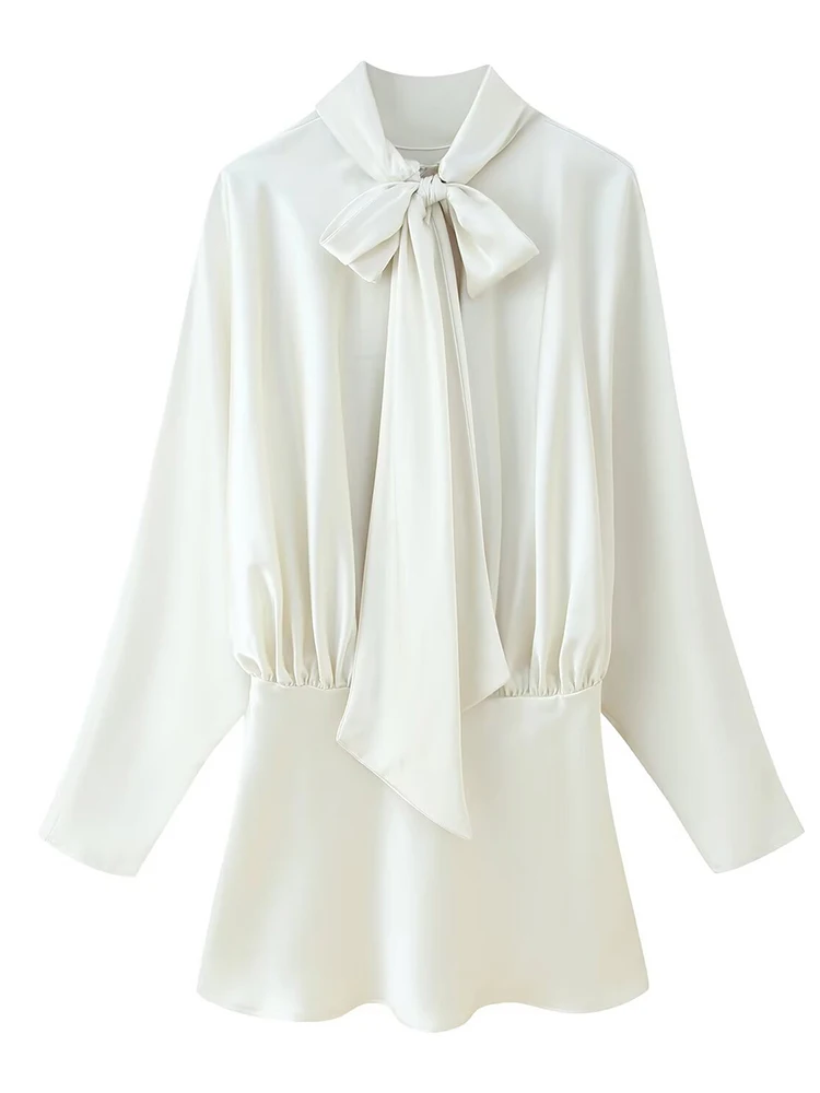 트렌딕스 화이트 새틴 드레스 여성용 2025 겨울 신상 플리츠 패치워크 리본넥 미니 드레스 파티 우아한 긴팔 드레스