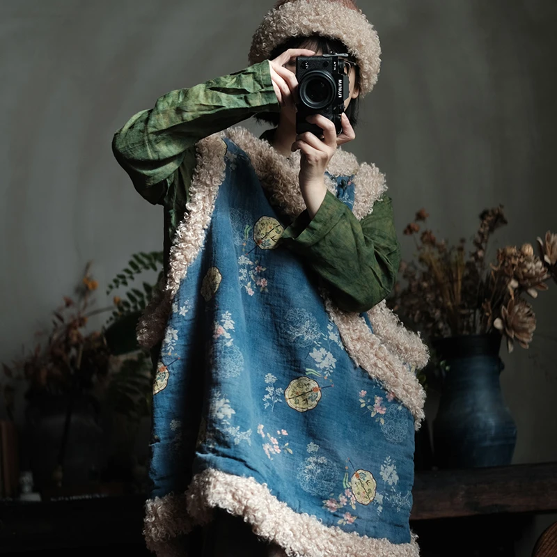 Chinese Style Women Cotton Casual Vest Coats New 2025 Winter Vintage Floral Print Female Thick Warm Sleeveless Pullovers M2168