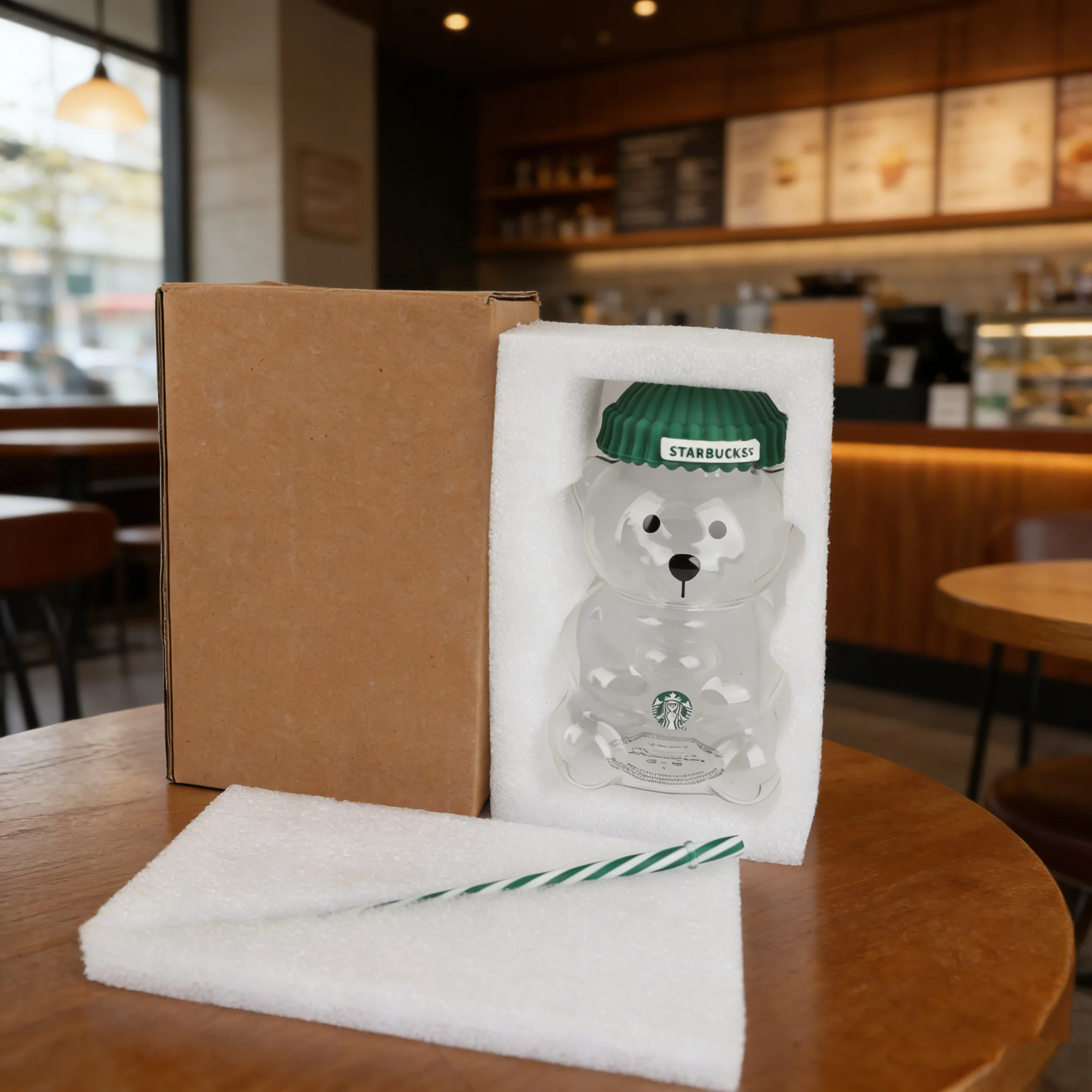 Starbucks Bearista Bear 591ml Iced Coffee Cup Green Lid Straw Glass Tumbler Home Gift
