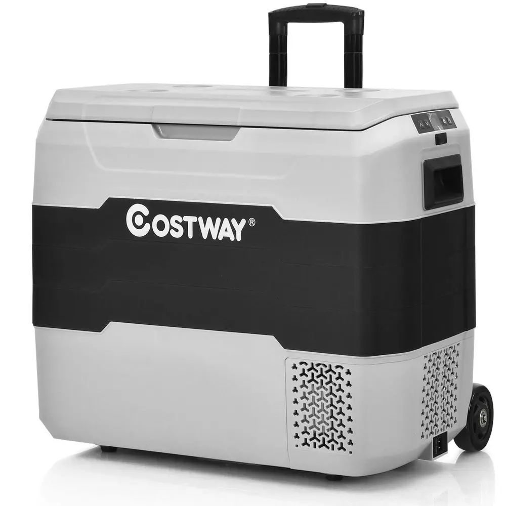 

Car Refrigerator with Wheels, 53Quart Dualzone Electric Cooler with Telescopic Handle, 12V 24V DC, 100240V AC, 4F To 50F, Porta