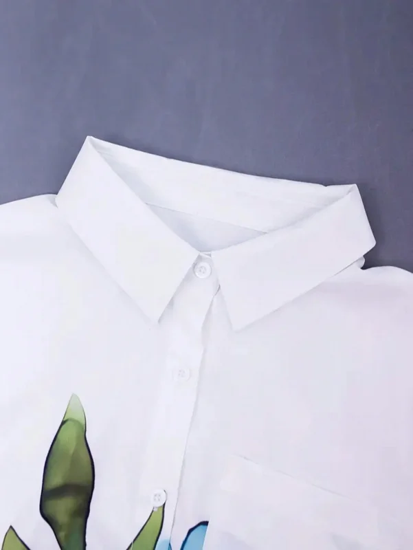 حجم كبير أزياء المرأة ربيع الخريف الأزهار طباعة جيب بأكمام طويلة قميص غير رسمي طية صدر السترة واحدة الصدر بلوزة فضفاضة قميص #4