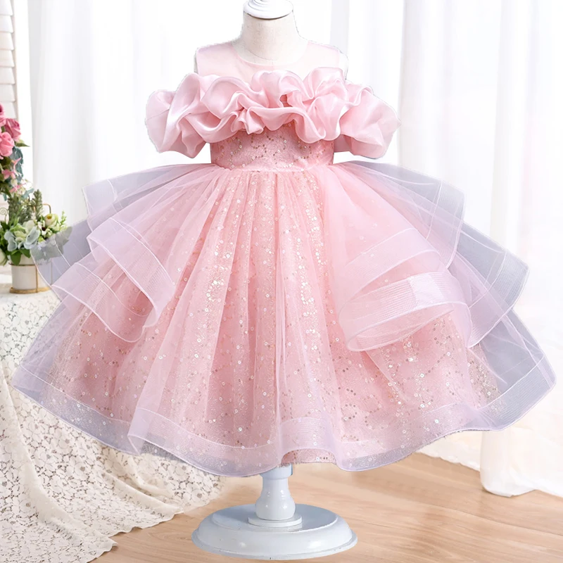 Puffy Pink Girls Baby Dress Toddler Children Baptism 1 Year  Baby Bow  Princess Dress Birthday Wedding Flower 3-12 Year Old