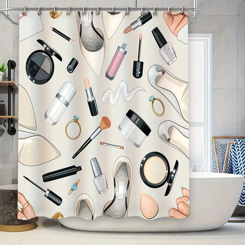 

Белая водонепроницаемая занавеска для душа с косметическим принтом для декора ванной комнаты