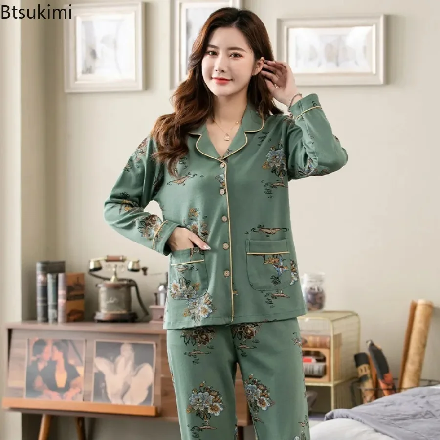 Women's Spring Autumn Pyjamas Full Cotton Long Sleeve Tops Set Female Pajamas Set Night Suit Sleepwear Long Pants Women Night