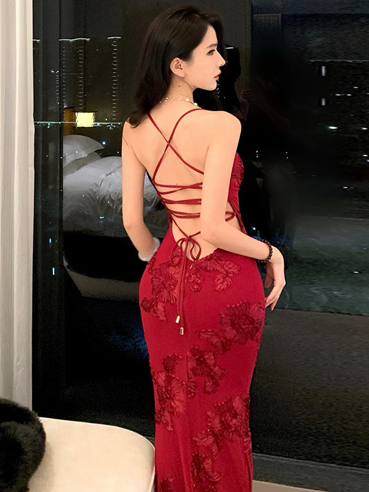 Sexy Cross Back Lace Embroidery Strap Dress Evening Ball Gown Waist Cinched Bodycon Fit Vest Style No Sleeve Women's Dress