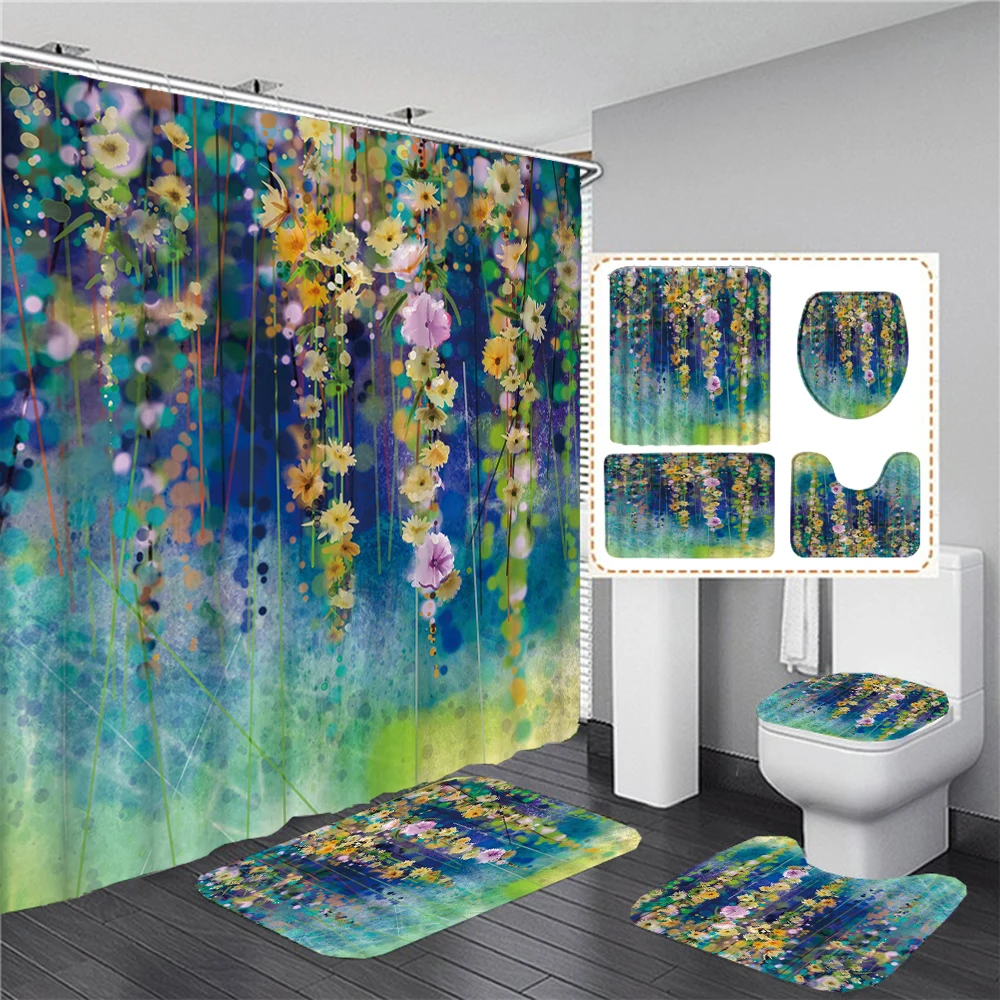 

Watercolor Flowers Plant Print Waterproof Bathroom Shower Curtains Set with 12 Hooks Bath Mat Rugs Non-slip Carpet Toilet Covers