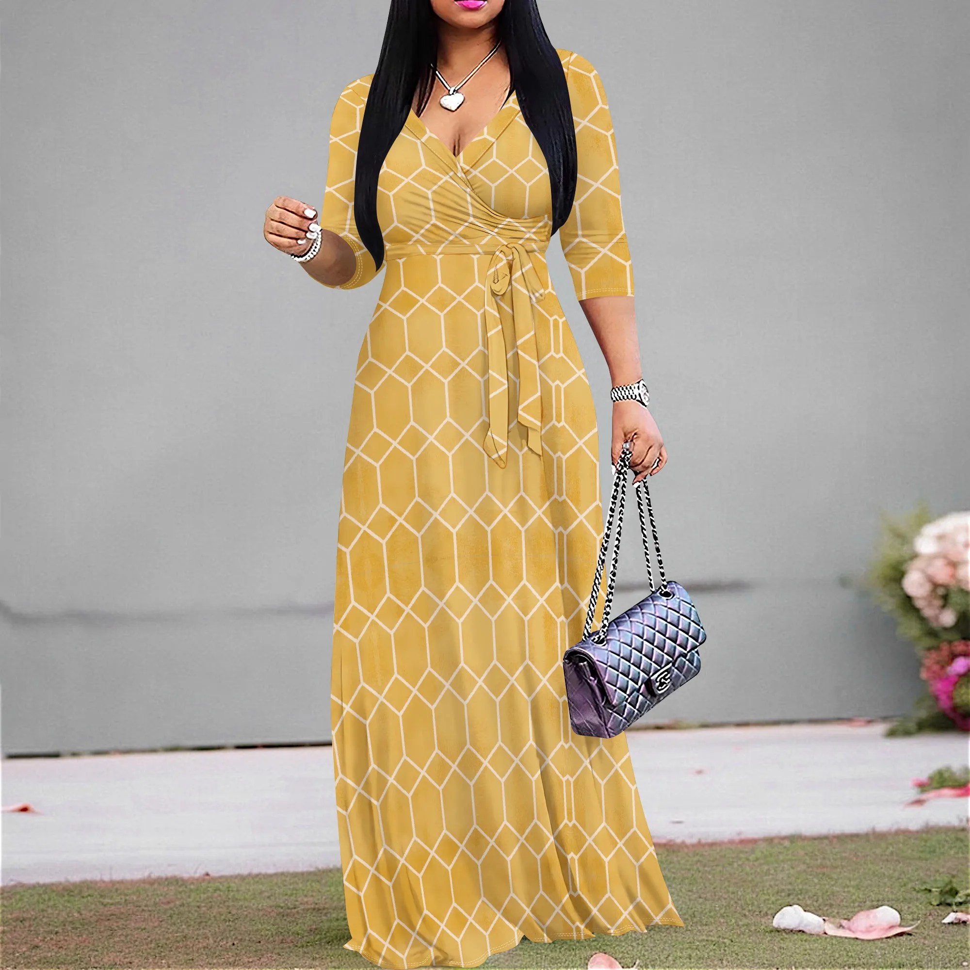 

Women's Yellow Geometric Maxi Dress V-Neck Wrap Waist Casual Summer Beach Dress 2025 New Arrival S-3XL