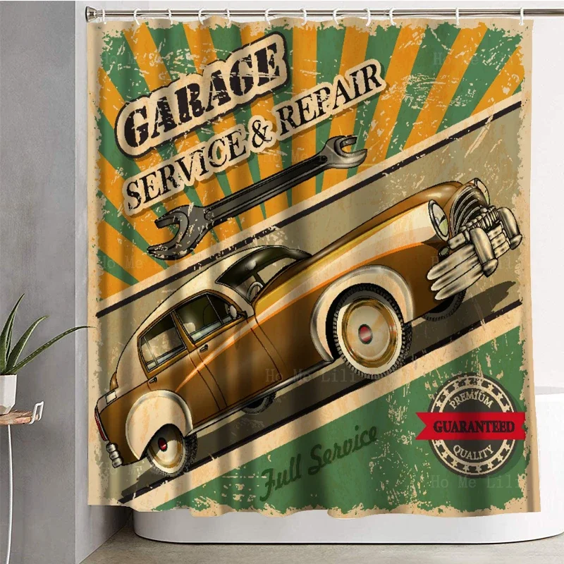 Brown Vintage Car Ads Poster Route 66 Garage Repair Service Retro Shower Curtain With Hooks By Ho Me Lili For Bathroom Decor