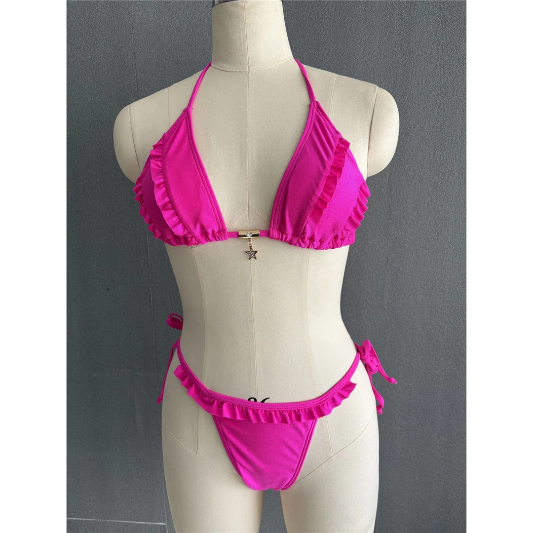 S - XL Neckholder-Bikini mit Rüschen und Raffungen, zweiteiliger Bikini-Set für Damen, Badeanzug, Badebekleidung, Badehose, Modell V6143 – Detail 8
