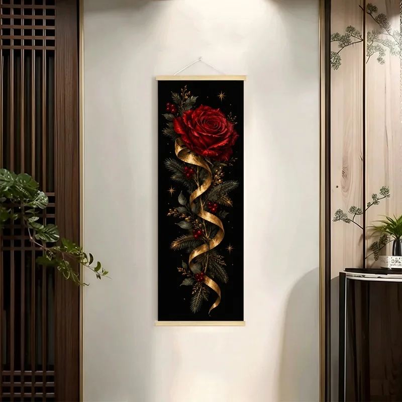Red Roses Hanging Scroll with Golden Flourishes and Candle Motifs on Black in a Dramatic Botanical Style for a Living Room