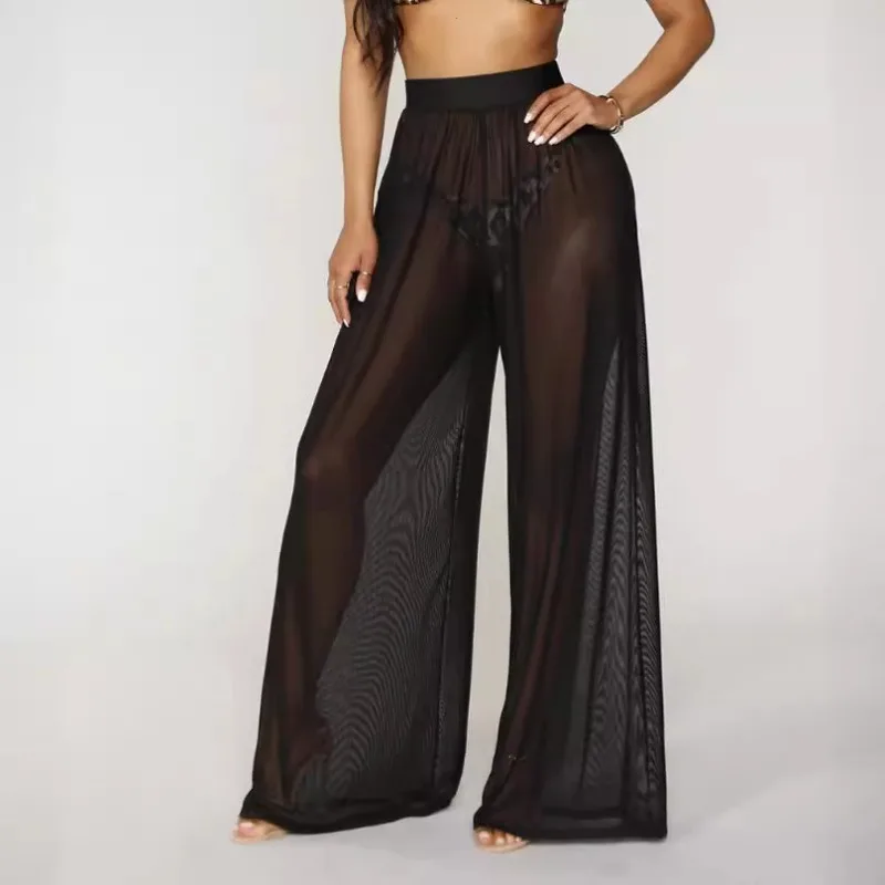 

New Arrival Women's Sheer Mesh Wide Leg Pants Solid Color Sexy See Through Design Outerwear Pajama Pants L Size Sleepwear Sexy