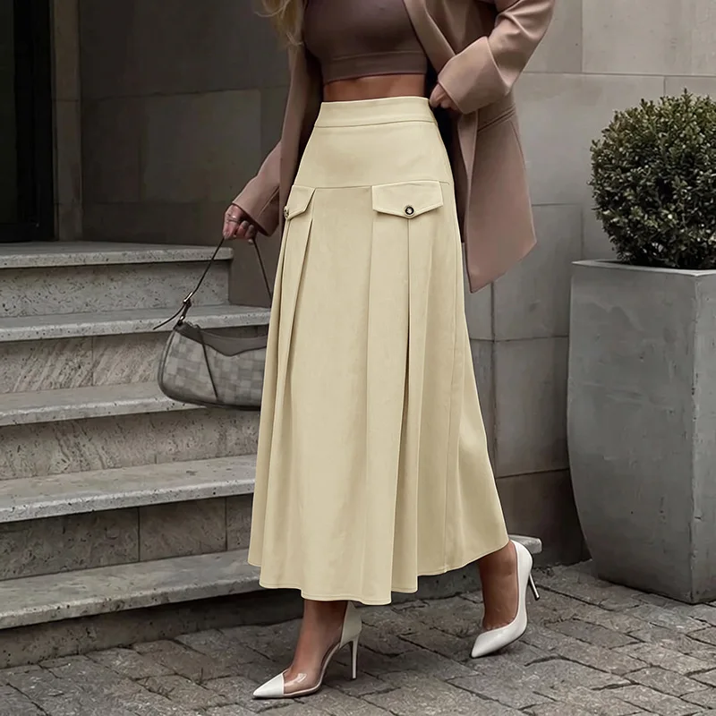 Chic 2026 Autumn and Winter Long Maxi Skirts Female Commuter Corduroy High Waist Pleated Medium Length A-shaped Skirt