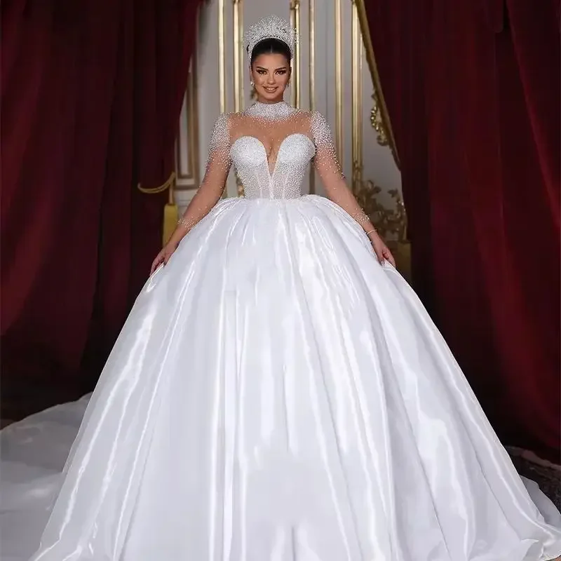 

Luxury Sweetheart Princess Wedding Dress Customized Long Sleeve High Collar Pearl Bridal Ball Dress Church Wedding Dress