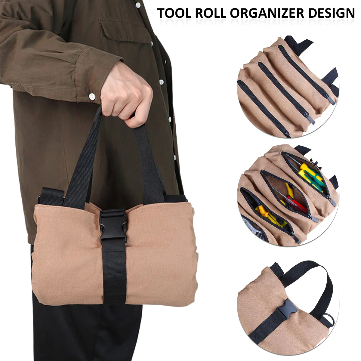 Canvas Tool Roll Up Bag Tool Pouch With 6 Zipper Pockets Large Capacity Tools Wrap Roll Storage Case Hand-held Tool Carrier Tote