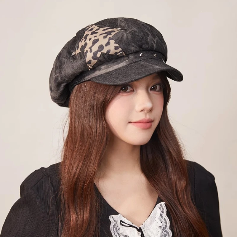Korean Fashion Star Sticker Rivet Design Cloud Berets Cap Y2K Street Trend Versatile Retro Denim Newsboy Hats for Women
