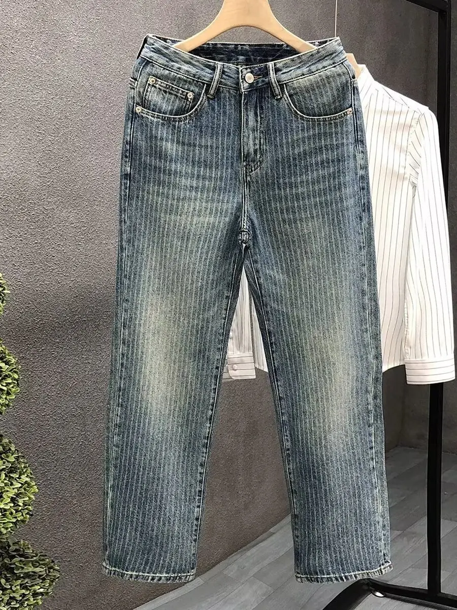 

Мужские прямые джинсовые джинсы с модным полосатым узором High Street Sle, осень-зима, свободные повседневные винтажные длинные брюки