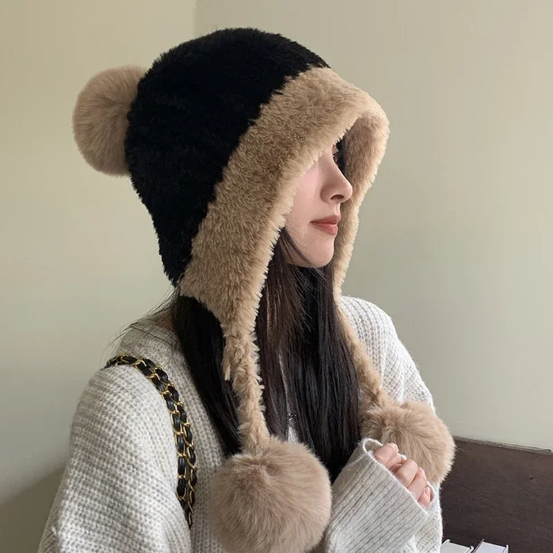 หมวกไหมพรมกันหนาวสำหรับผู้หญิง ขนปุย นุ่ม ป้องกันหู มีพู่ห้อยใหญ่ กันลม เหมาะสำหรับกิจกรรมกลางแจ้ง หมวกบีนนี่แบบมีที่ปิดหู