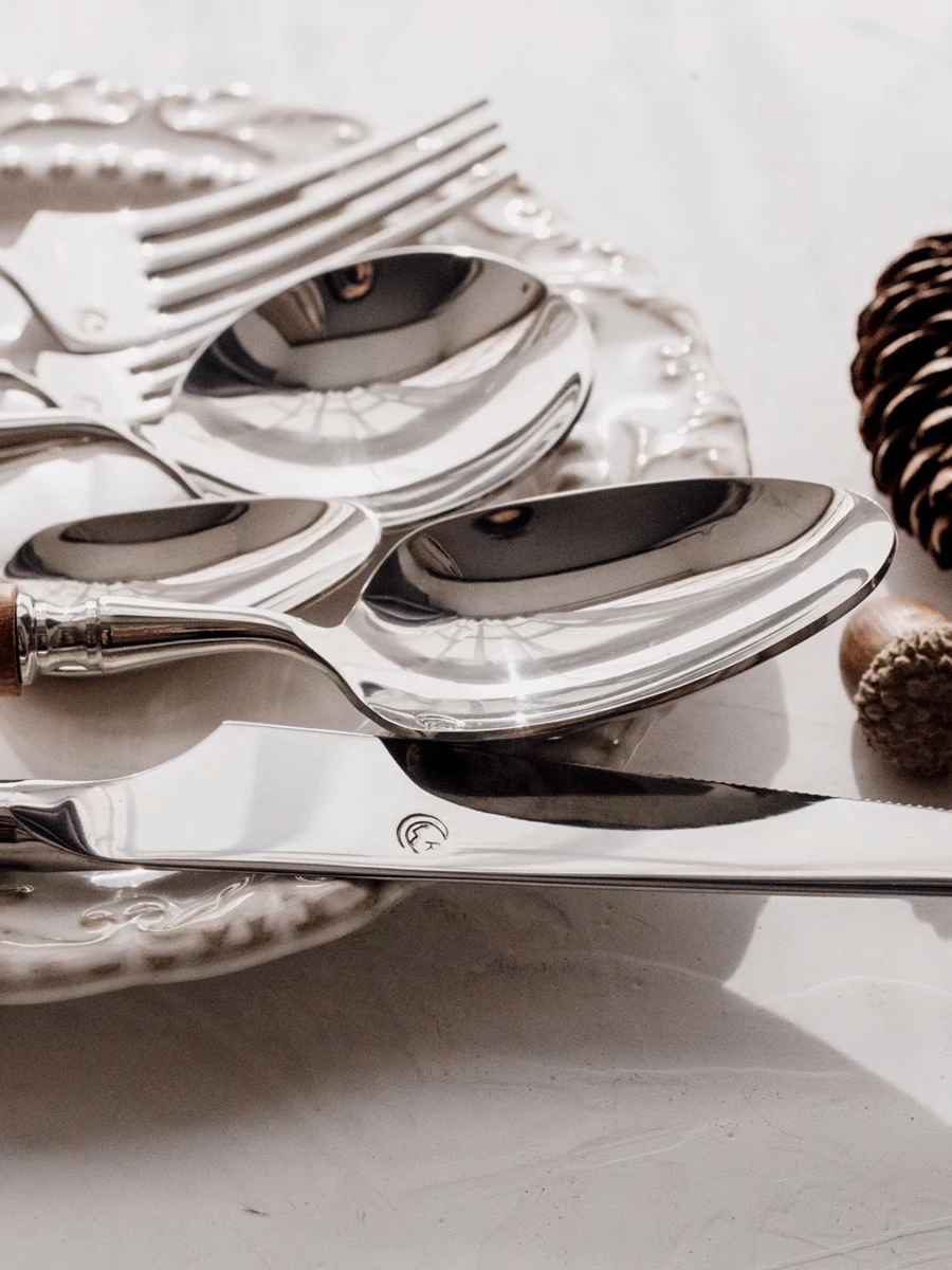 طقم شوكة وملعقة من الفولاذ المقاوم للصدأ 304 من Retro Sle Ins مع مقبض خشبي لتصميم الفواكه والأوساخ خفيف الوزن #4