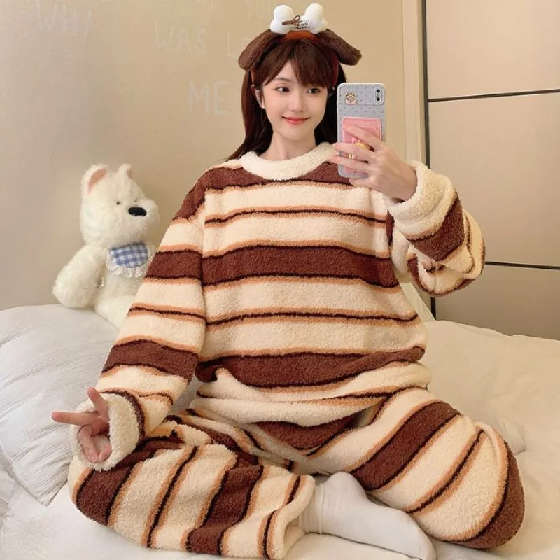 M-5XL Plus Size Women Winter Warm 2 Piece Sets Thicken Haft Fleece Pajamas Set Korean Students Striped Loungewear Home Clothes