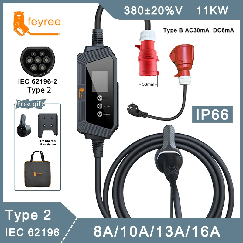 

feyree Type2 Portable EV Charger 11KW 16A 3 Phase EVSE Charging Box 5M Cable with CEE Plug IEC62196-2 Electric Vehicle Charger