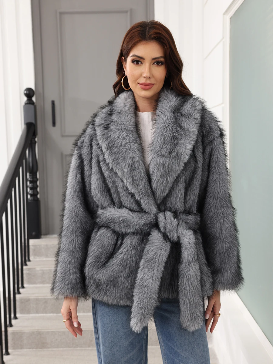 Cappotto invernale in pelliccia sintetica da donna Spessore caldo con lacci Giacca in pelliccia soffice Top Giacca casual in pelliccia di volpe artificiale Turn Down Lady Capispalla