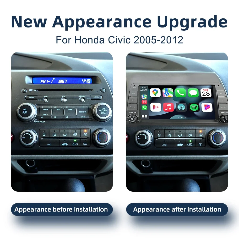 12G 256G Android 14.0 CarPlay GPS Navigation WiFi Bluetooth Car Multimedia Player DSP Stereo Car Radio For Honda Civic 2005-2012
