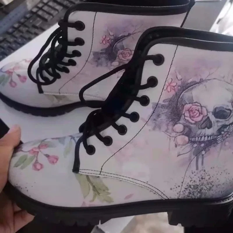 Large size women's boots with fashionable and comfortable print, spring and autumn high top skull pattern for women's boots