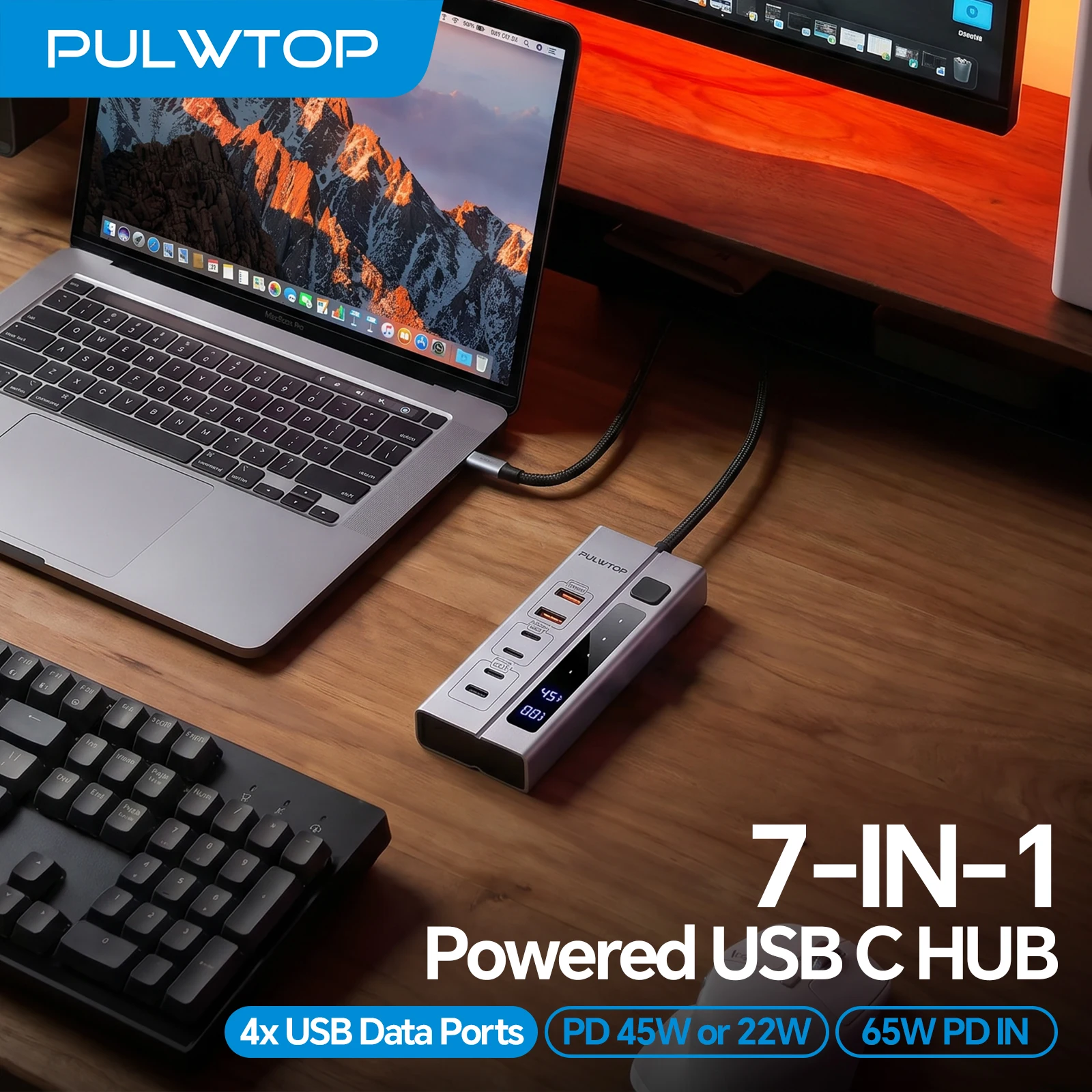 PULWTOP Powered USB C Hub, 2 USB-A 3.2 + 2 USB-C 3.2 10Gbps, 2 USB-C PD Charging Ports, 65W PD-in Power Adapter Included