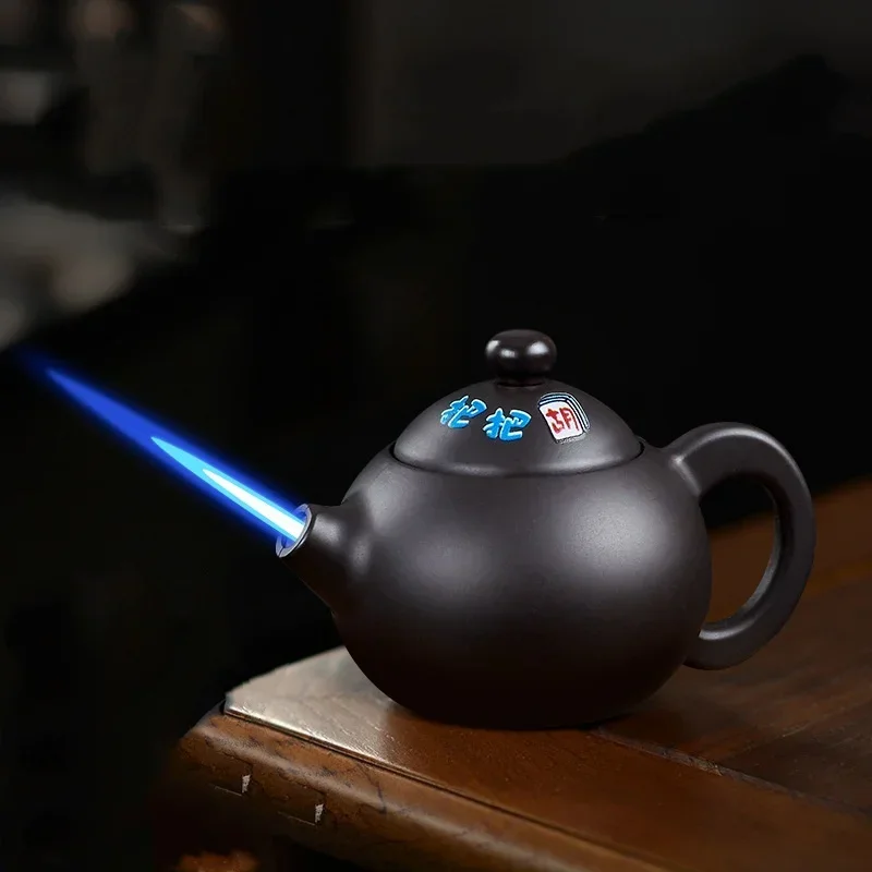 Rotating Decompression Creative Teapot Lighter Windproof Deep Blue Straight Flame Turbine Torch Lighter Small Portable Accessory