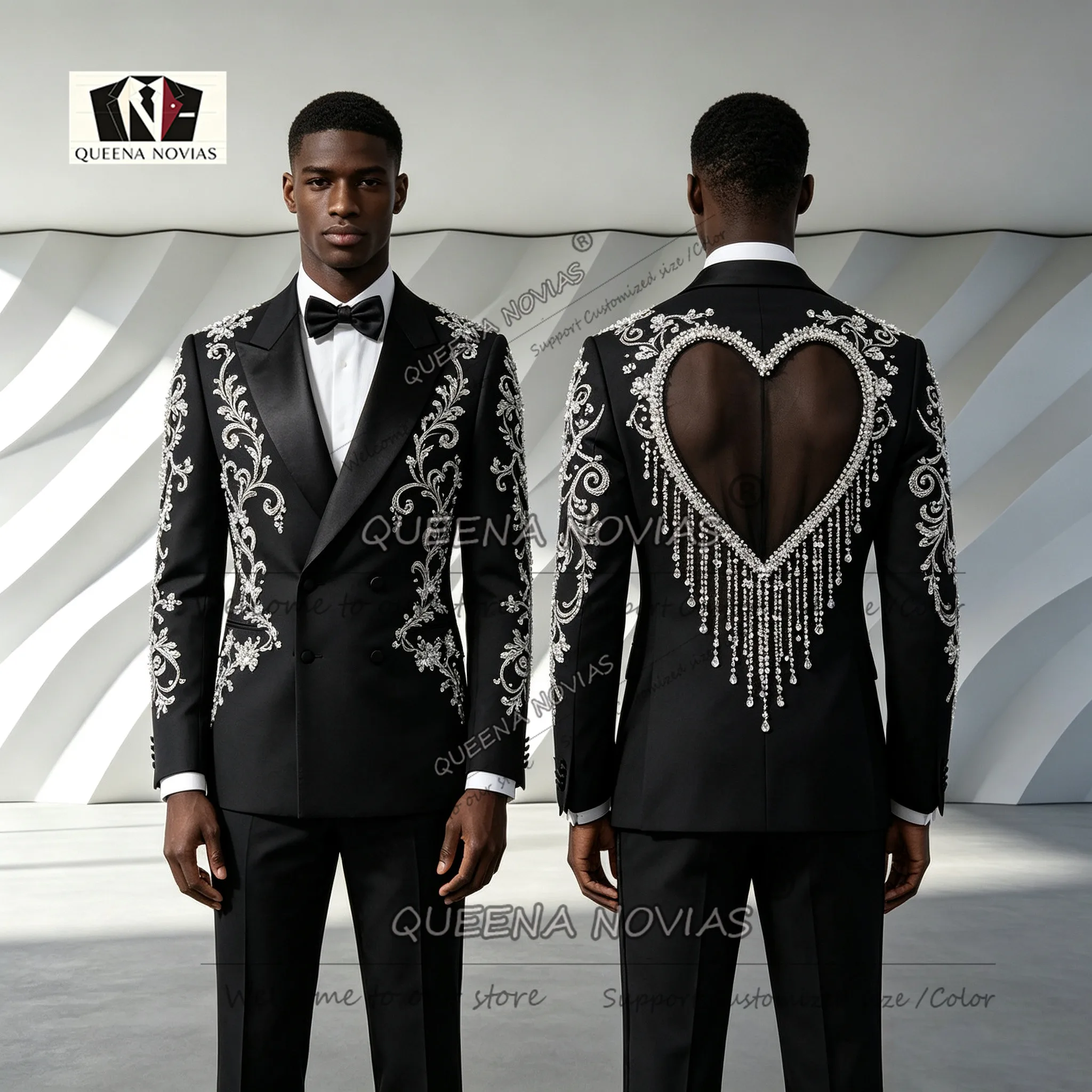 Luxury Doubel Breasted Suits Men Slim Fit Diamnd Beading Cut-Out Back Prom Blazer Customized Groom Wedding Tuxedo Terno Masculin