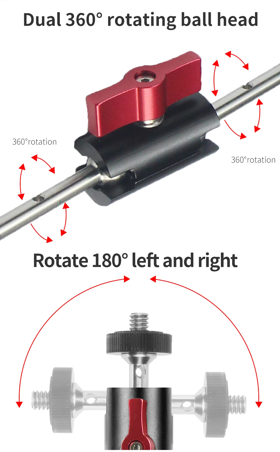 360-Stativ-Adapter für Magic Arm, Dual-Kugelkopf, 1/4 Zoll Schraube, Gelenkanschluss für Kamerakäfig, Monitorständer, LED-Lichthalter – Detail 2