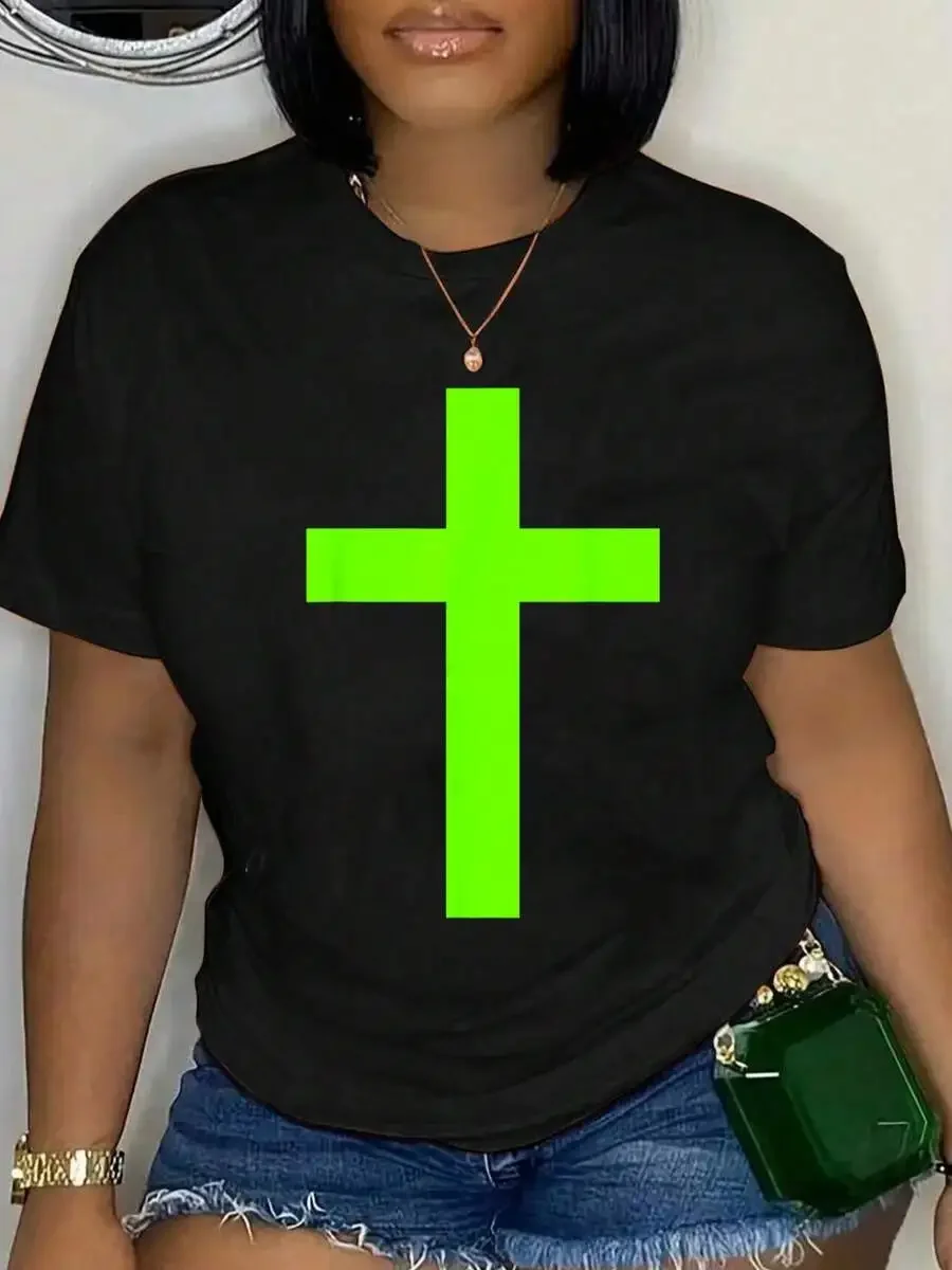 Neon Green Cross Print T Shirt Women Cyber Y2k Grunge Aesthetic Graphic Tees Streetwear Short Sleeve Casual Black Tops Female Clothing