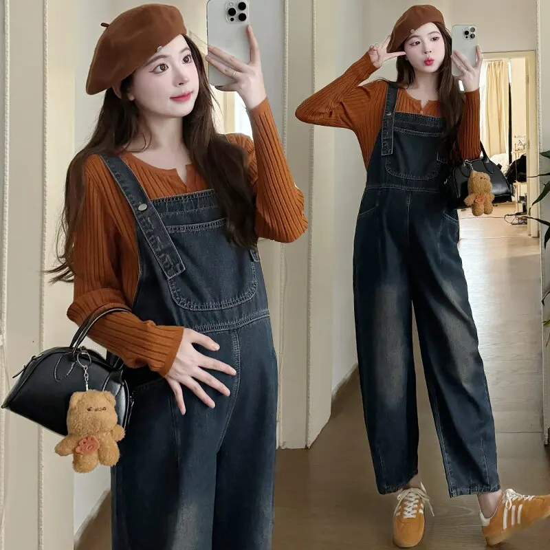 American Vintage Causal Washed Denim Jumpsuits for Pregnant Women Maternity Bib Jeans Pants Y2K Youth Pregnancy Loose Overalls