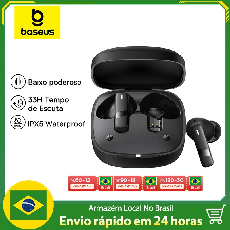 Fone De Ouvido Baseus Sem Fio Bowie E20 Bluetooth 5.3 a Prova da Agua IPX5 Alta Duração de Bateria Recarregável ENVIO IMEDIATO