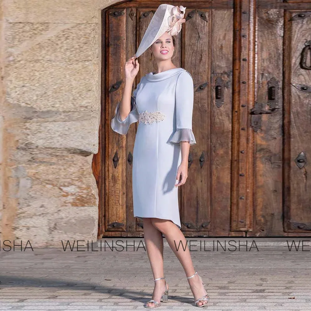 Customized Classic Mother of the Bride Dress Woman Crepe Fabric Column Bridal Dress Sky Blue O-Neck Ruffles Pearls