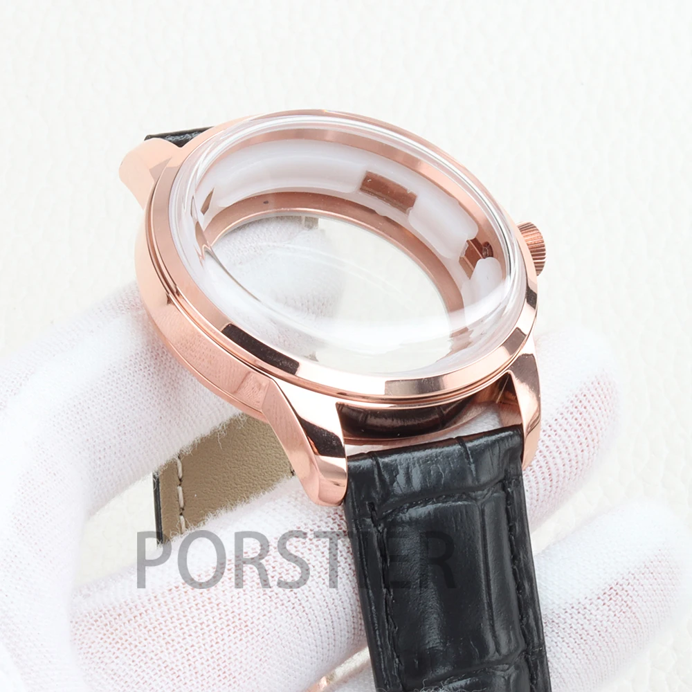 Rose Gold 40mm Men's Case Arched glass Solid Stainless Steel for Cocktail nh35/nh36/nh38 Movement 35mm Dial 20mm Leather Strap